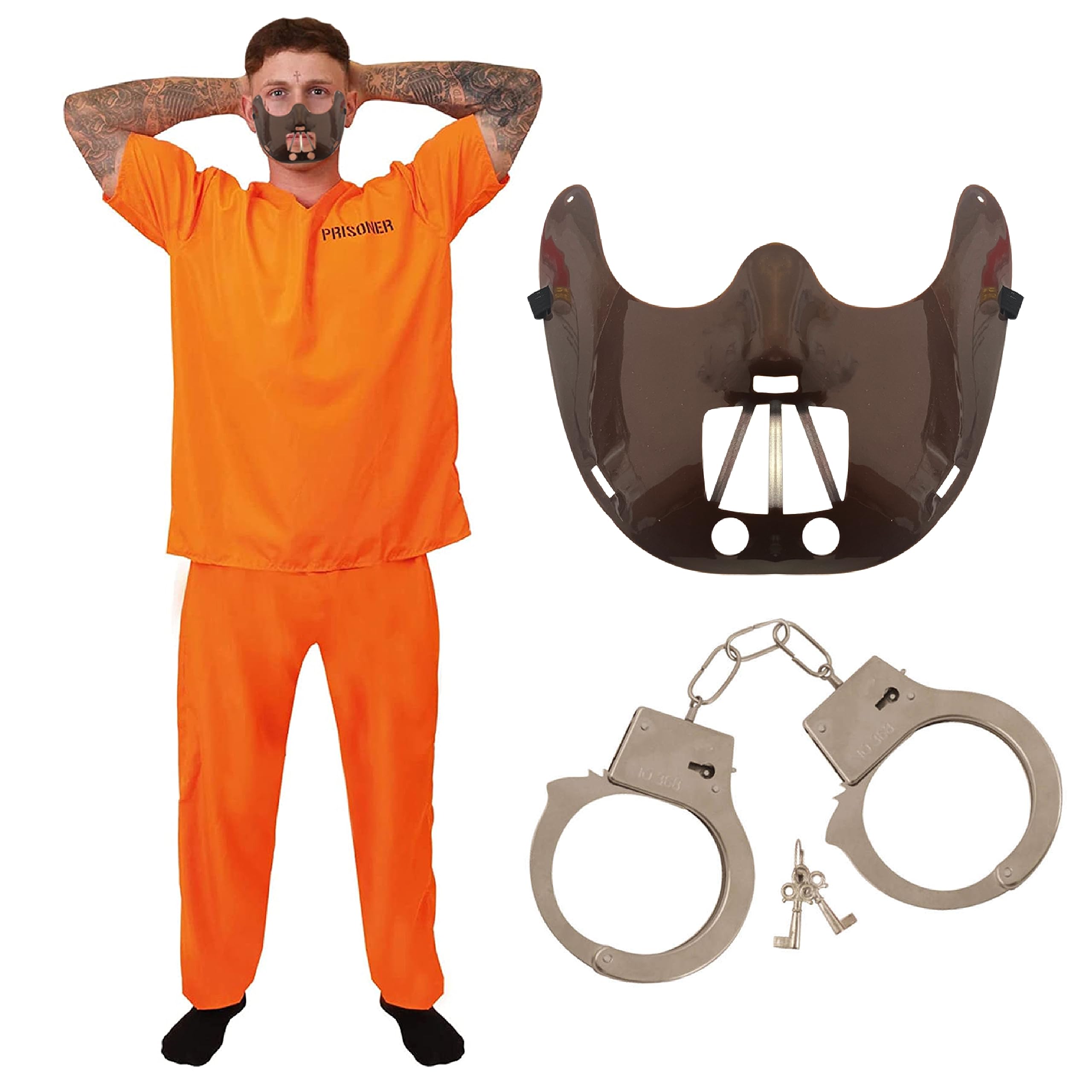 Adults Cannibal Doctor Prisoner Costume - Orange Prisoner Top, Matching Trousers, Metal Handcuffs, and Brown Restraint Mask - Perfect for Halloween, Movie Character Dress Up