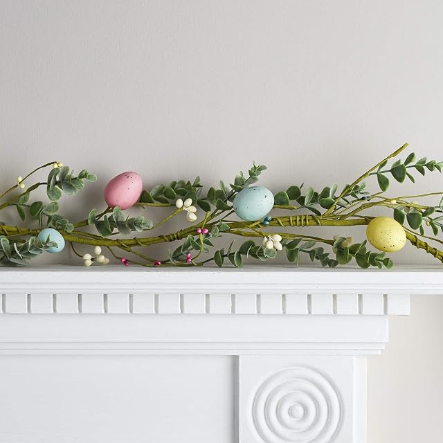 Lights4fun 1.5m Artificial Pastel Easter Egg Green Foliage & White Berries Spring Garland Indoor Decoration