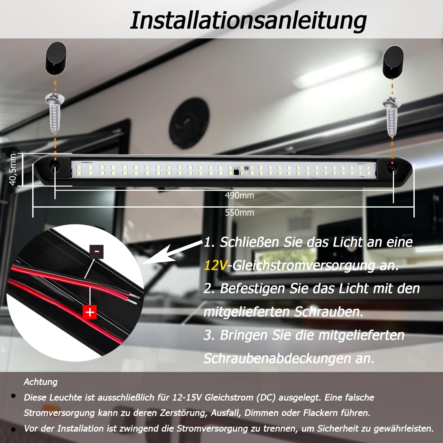 D-lite Wohnwagen Beleuchtung Außen, Vorzeltleuchte LED, 12V, 12W, Kaltweiß Licht 6000K, 800LM, IP66, 55CM LED Lichtleiste, Schwarz Aluminium, für Außenbereich, Wohnmobil, Camper, Caravan