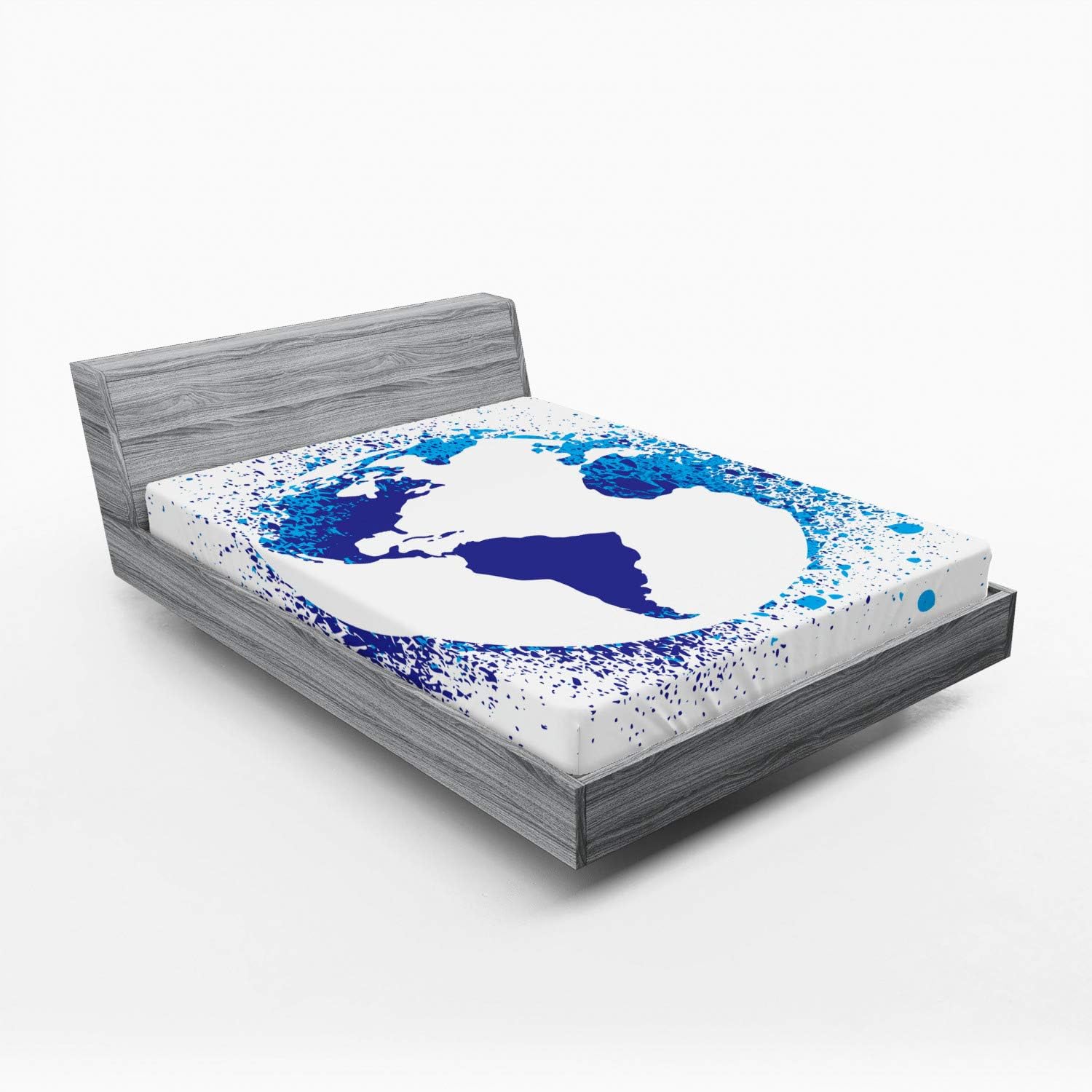 Ambesonne Grunge Fitted Sheet, Globe with Ink Splatter Illustration Color Splashes All Over World Map Continents, Bed Cover with All-Round Elastic Deep Pocket for Comfort, Queen Size, Blue White