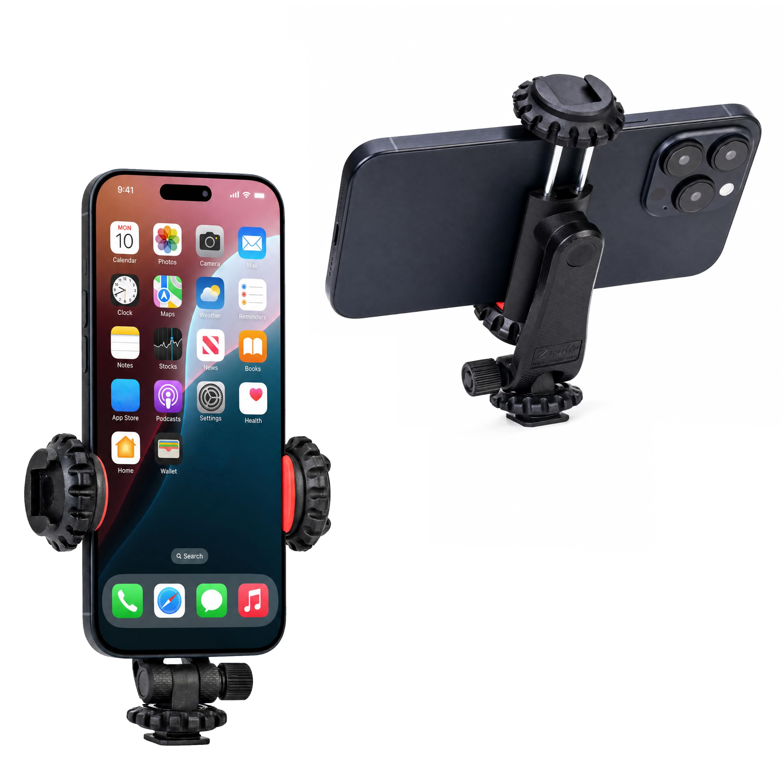 Zeadio Universal Phone Tripod Mount, Cell Phone Holder Clamp with Dual Rotatable Cold Shoe, 360° Rotation &amp; 180° Tilt for Camera Hot Shoe, Vlogging, Video Recording