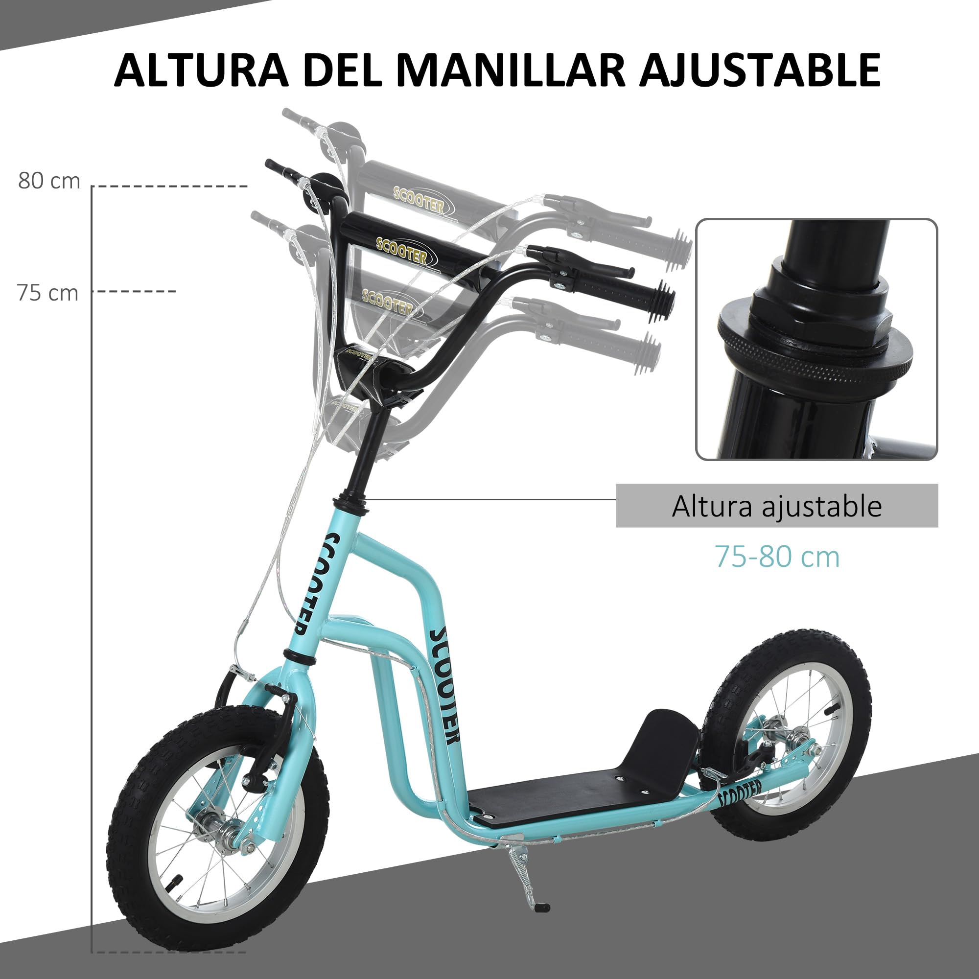 HOMCOM Patinete para Niños Manillar Ajustable 120x58x75-80 cm | +5 Años, Patinete Infantil, Doble Freno, Estructura de Acero, Carga 100 kg, para Adolescentes
