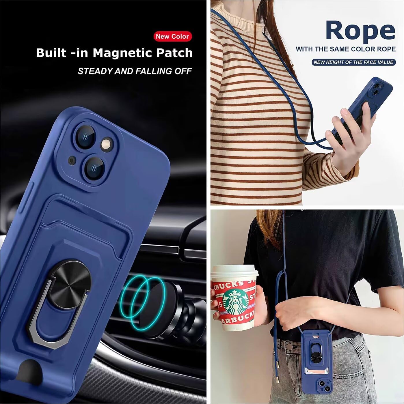 Cover Compatibile con Xiaomi Redmi 9 Power/Redmi 9T/Redmi Note 9 4G, Slot Schede, 360°Magnetica Anello Supporto [Protezione Fotocamera] Cordino Collana Necklace Silicone Case - Blu - 3