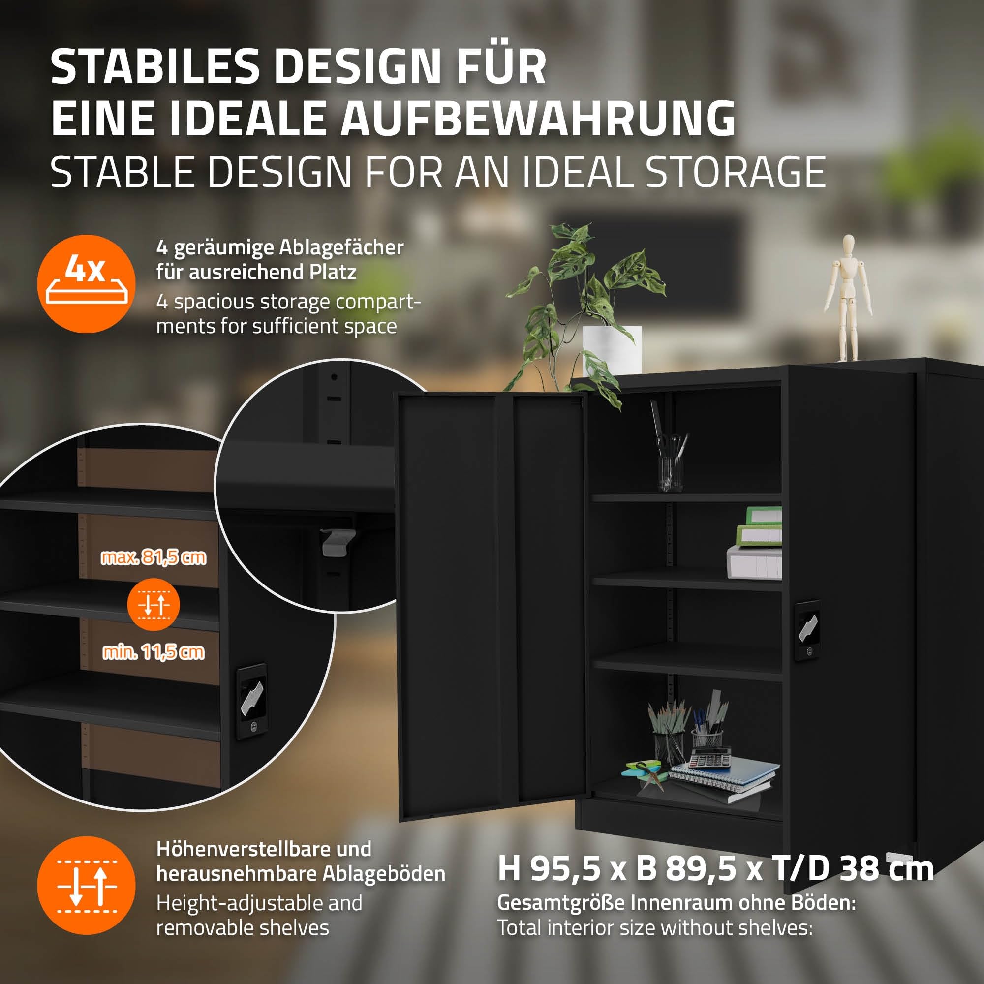ML-Design Armadio per Archiviazione con Serratura Nero 90x40x109 cm Acciaio Schedario 3 Ripiani Regolabili in Altezza Armadio per Ufficio a 2 Ante Mobiletto Portadocumenti Armadietto Schedario