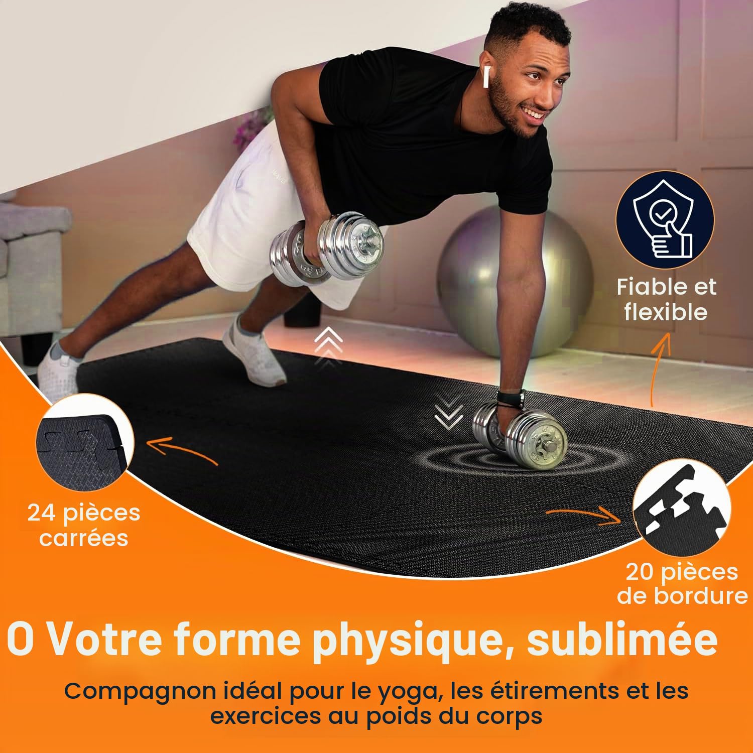 Edukit Tapis de gymnastique en mousse EVA 24 pièces 30,5 x 30,5 cm Noir Tapis de sol antidérapant emboîtable Puzzle pour la maison, l'exercice, le garage