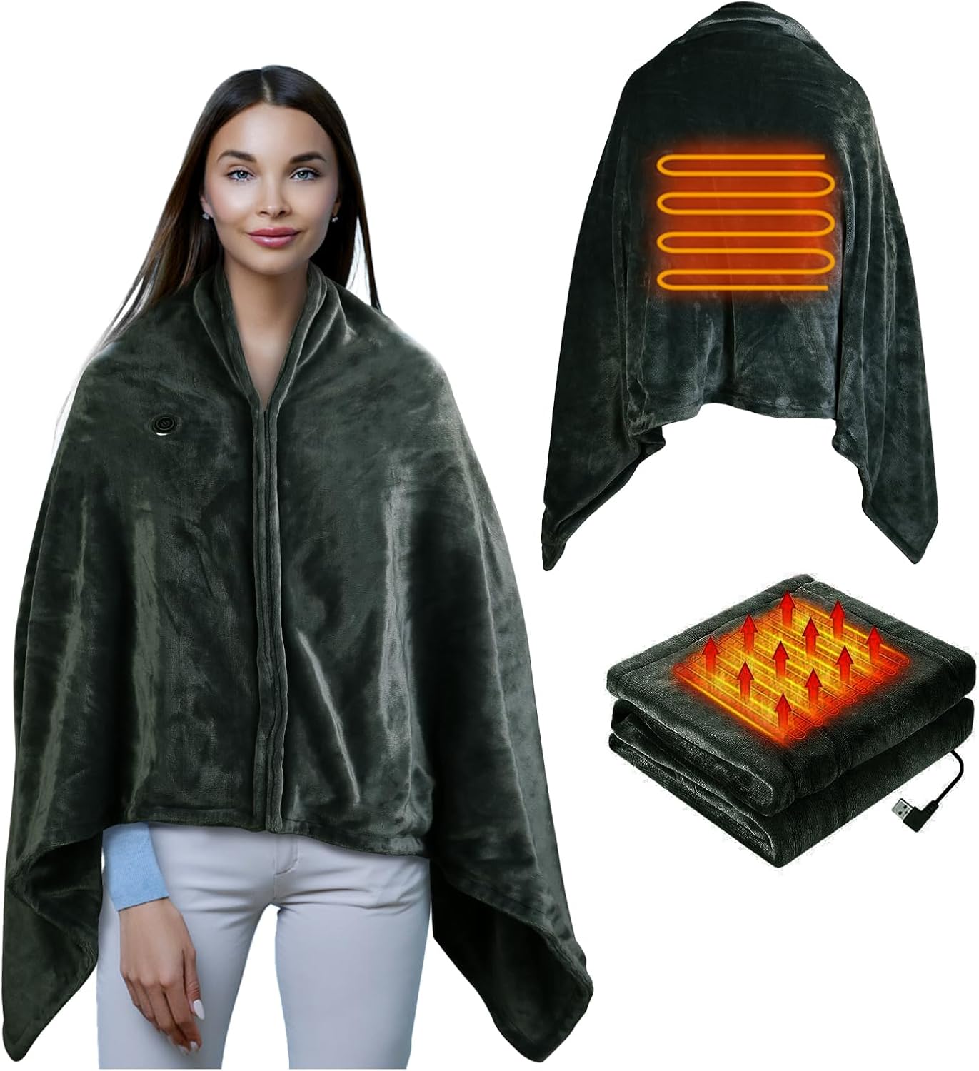 USB Heated Blanket Electric Throw, 59" x 31" Electric Heated Shawl Poncho Wrap Blanket with Zipper, Soft Cozy Flannel Gift Wearable Blanket for Car Office Home Travel, Standard