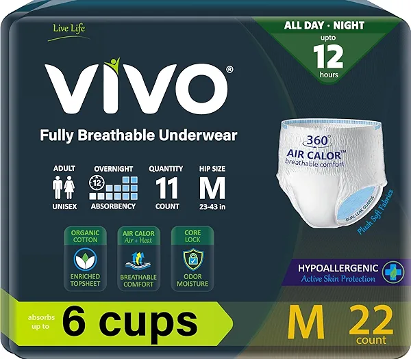 VIVO Organic Cotton Sensitive Skin Overnight Adult Incontinence Pullup Underwear, Women & Men, Medium 22 Count