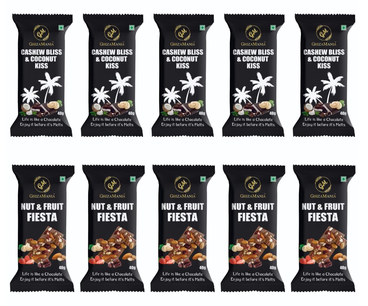 GhizaMania Special Pack - 5 Cashew Bliss & Coconut Kiss Milk Chocolate Bar. 5 Nut & Fruit Fiesta Milk Chocolate Bar. | GIFT SET- PACK OF 10 | 40g X 10 | Delicious Smooth Milk Chocolate Bar.