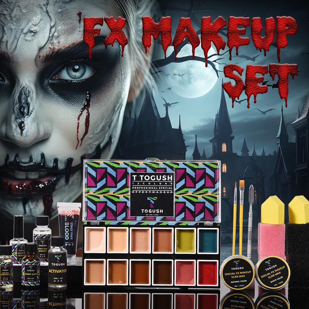 Kit de maquillaje de Halloween con efectos especiales SFX, 12 colores, paleta FX, pintura facial y corporal con sangre falsa, cera de cicatrices, goma de mascar, sellador de ricino, aceite de 2