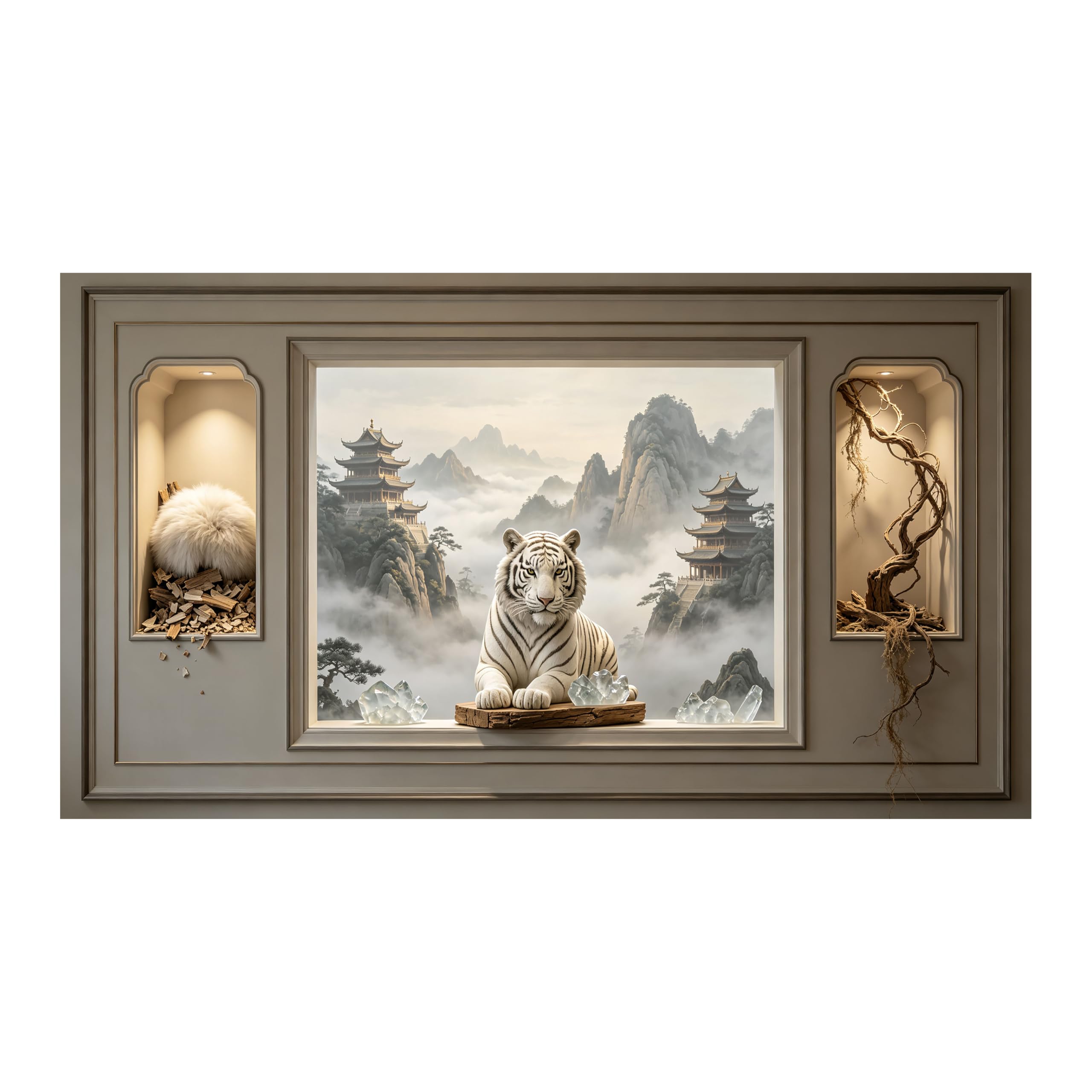 Yzpallescene Art260711187 3D Framed Wall Art White Tiger Oriental Mountain Temple Landscape Asian Large Size Selfadhesive Removable Wall Decor Prints Artwork For Living Room Bedroom Office
