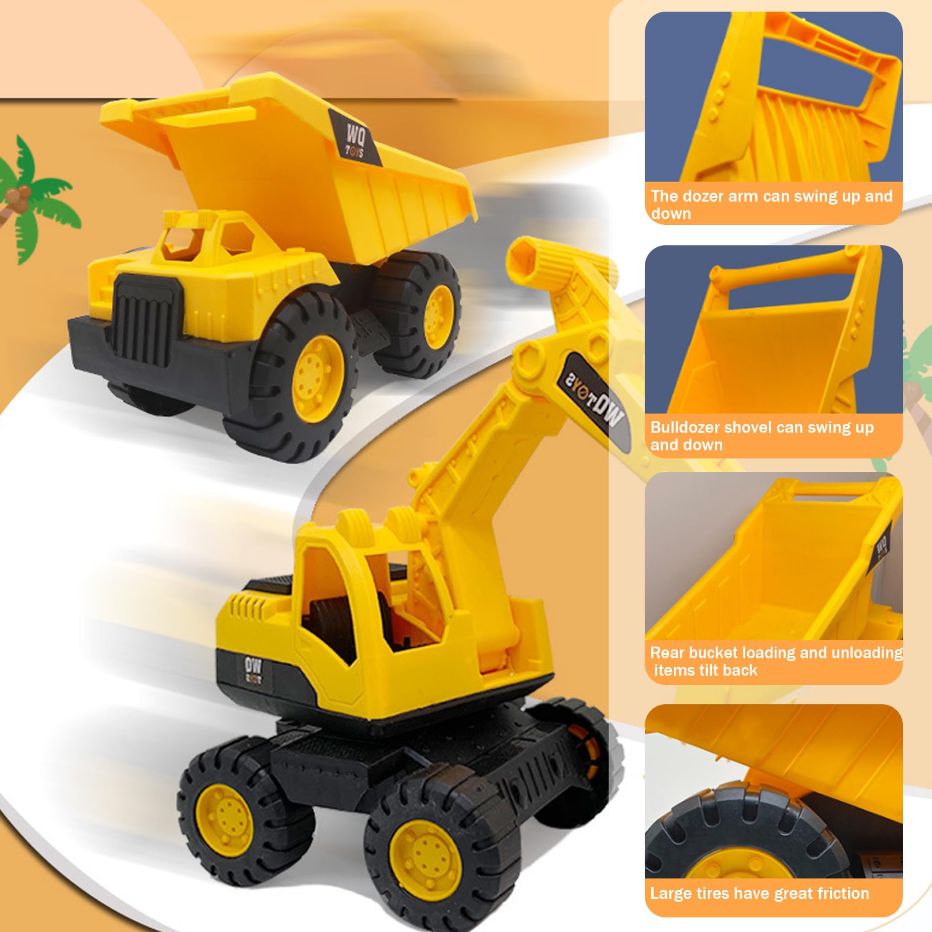 Macchinine giocattolo per bambini Set di 3 veicoli da costruzione a inerzia, include escavatore, bulldozer, camion (grande)