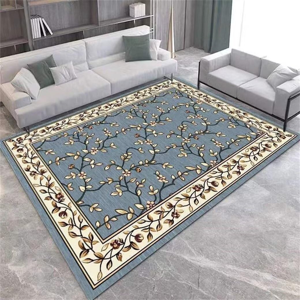 Tapis salon pas cher bleu 150x200cm lavable pour chambre à motif floral