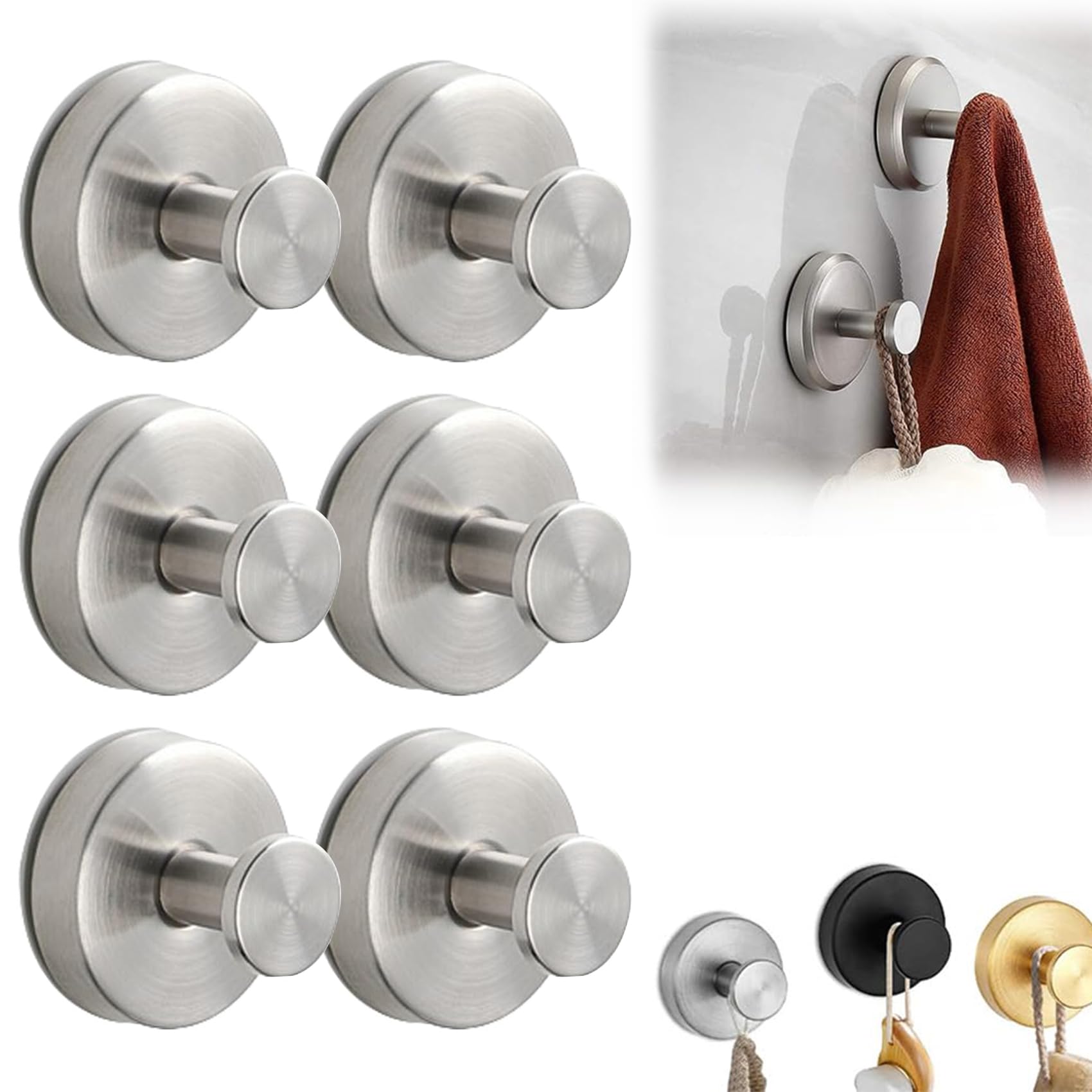 6 Ganchos De Ventosa Sin Taladro - Acero Inoxidable, Para Baño, Ducha O Cocina, Color Negro