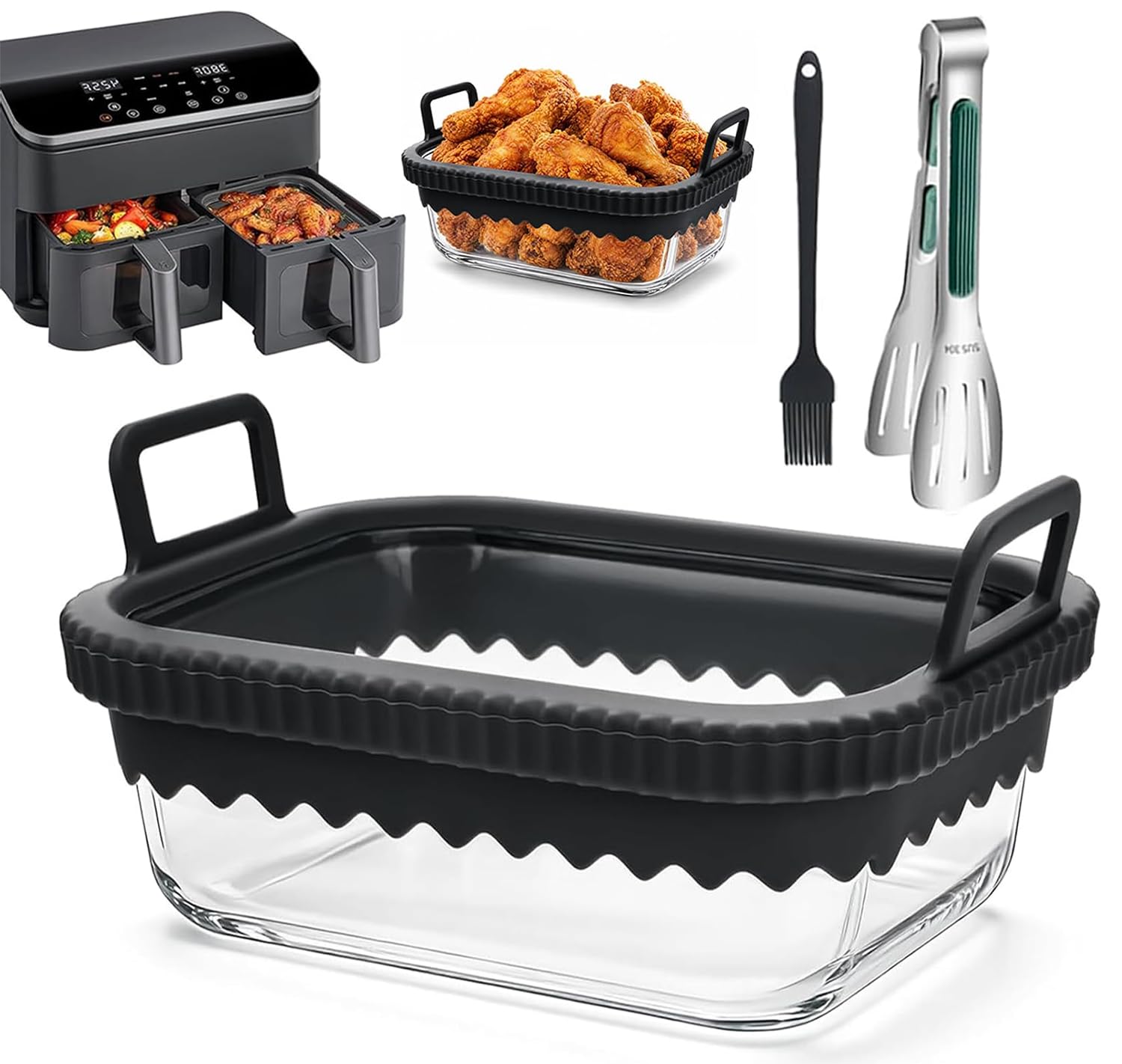 Auflaufform Airfryer mit Herausnehmbarer Silikongriffen, Glas Auflaufform für Airfryer mit Backpinsel Silikon und Küchenzange,für COSORI Heißluftfritteuse 2 Kammern/Ninja AF400EU/DZ400EU/AF500EU