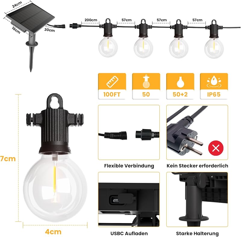ZOTOYI Napelemes LED Fényfüzér 30m - 50+2 G40 Izzóval, IP65 Vízálló, 4 Világítási Móddal, Kert, Terasz, Esküvő Dekorációhoz, Meleg Fehér