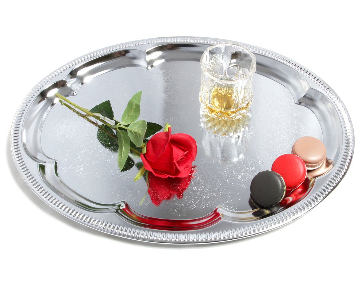 Pack Of 4) 20.9" X 12.8" Traditional Rectangular Trim Floral Pattern Engraved Catering Chrome Plated Serving Plate Mirror Tray Platter Tableware 8 thumbnail image