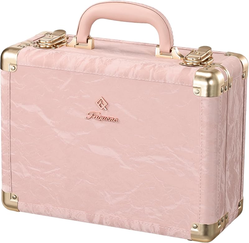 Faquenc Maleta de maquiagem com espelho LED recarregável, bandeja removível e estojo de viagem em couro vegano rosa
