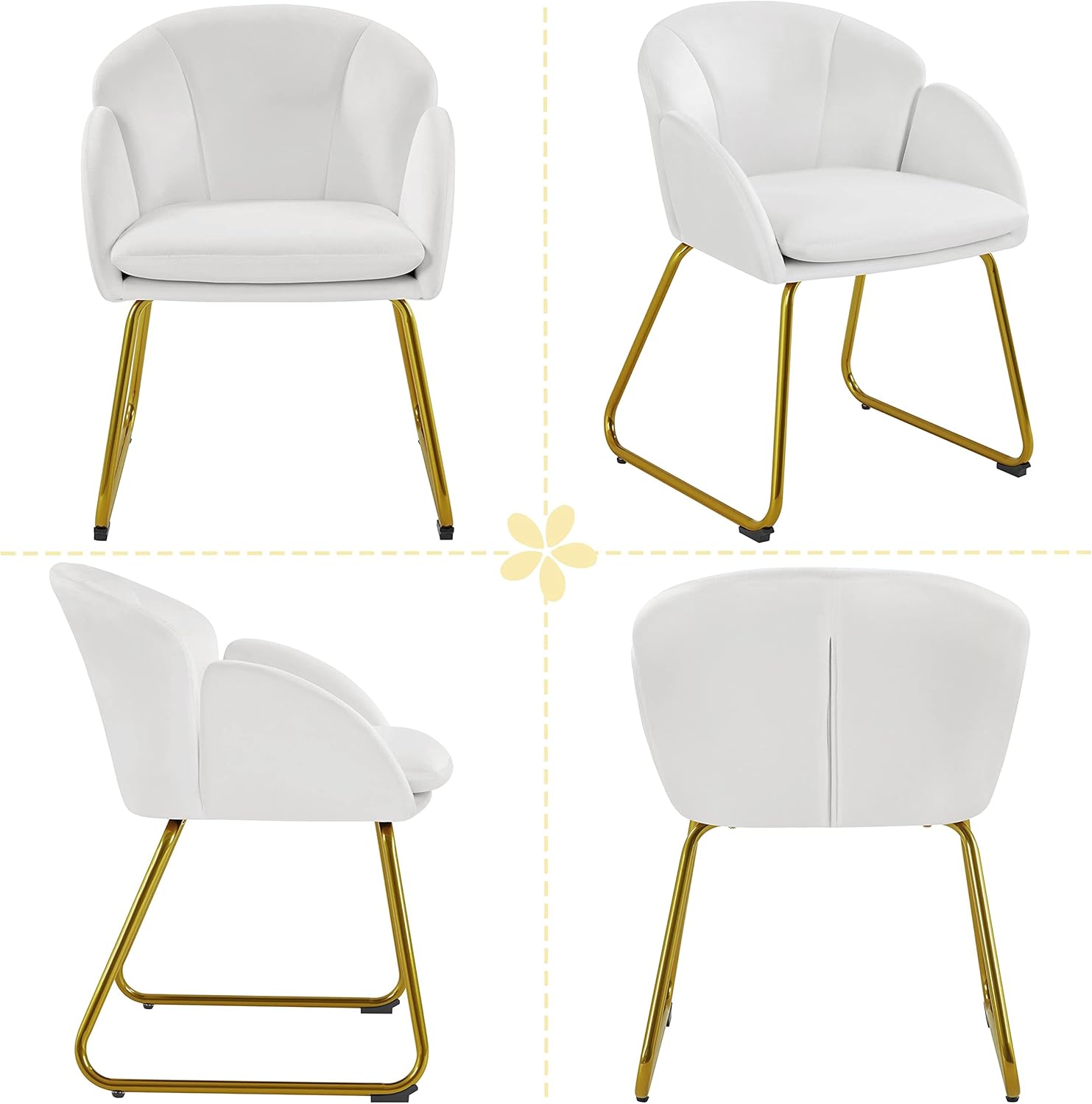 Yaheetech Velvet Living Room Chair, Flower Shaped Armchair with Golden Legs, Upholstered Side Chair for Vanity Room Living Room Kitchen, Set of 2, White