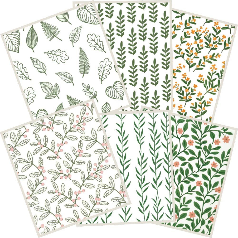 PRESSINART 6Pcs 6 Styles Swedish Dishcloths for Kitchen 7.7 x 6.8 Inch Leaf Dish Cloth Green Leaves Pattern Reusable Quick Drying Sponge Absorbent Cleaning Dish Towels for Home Counters Table Wiping