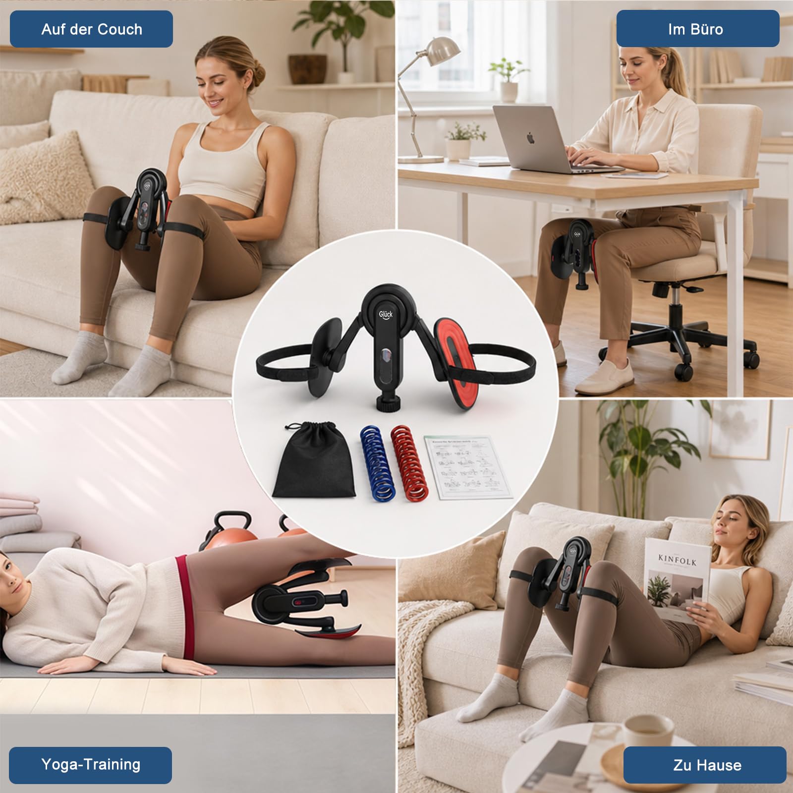 Beckenbodentrainer Fitnessgeräte zuhause - Oberschenkeltrainer Beintrainer mit 2 Widerstandsfedern für Frau & Mann, Postpartum, Büroalltag & Yogamatte