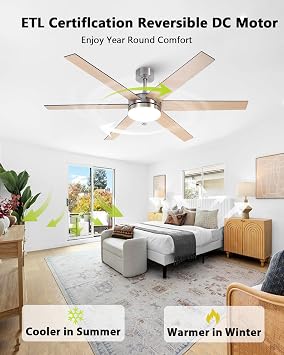 60 Inch Ceiling Fans with Lights and Remote, Indoor Outdoor Nickel Modern Ceiling Fan, Reversible DC Motor Dual-Sided Blades, 3CCT, Large Farmhouse Ceiling Fan for Bedroom Living Room Garage