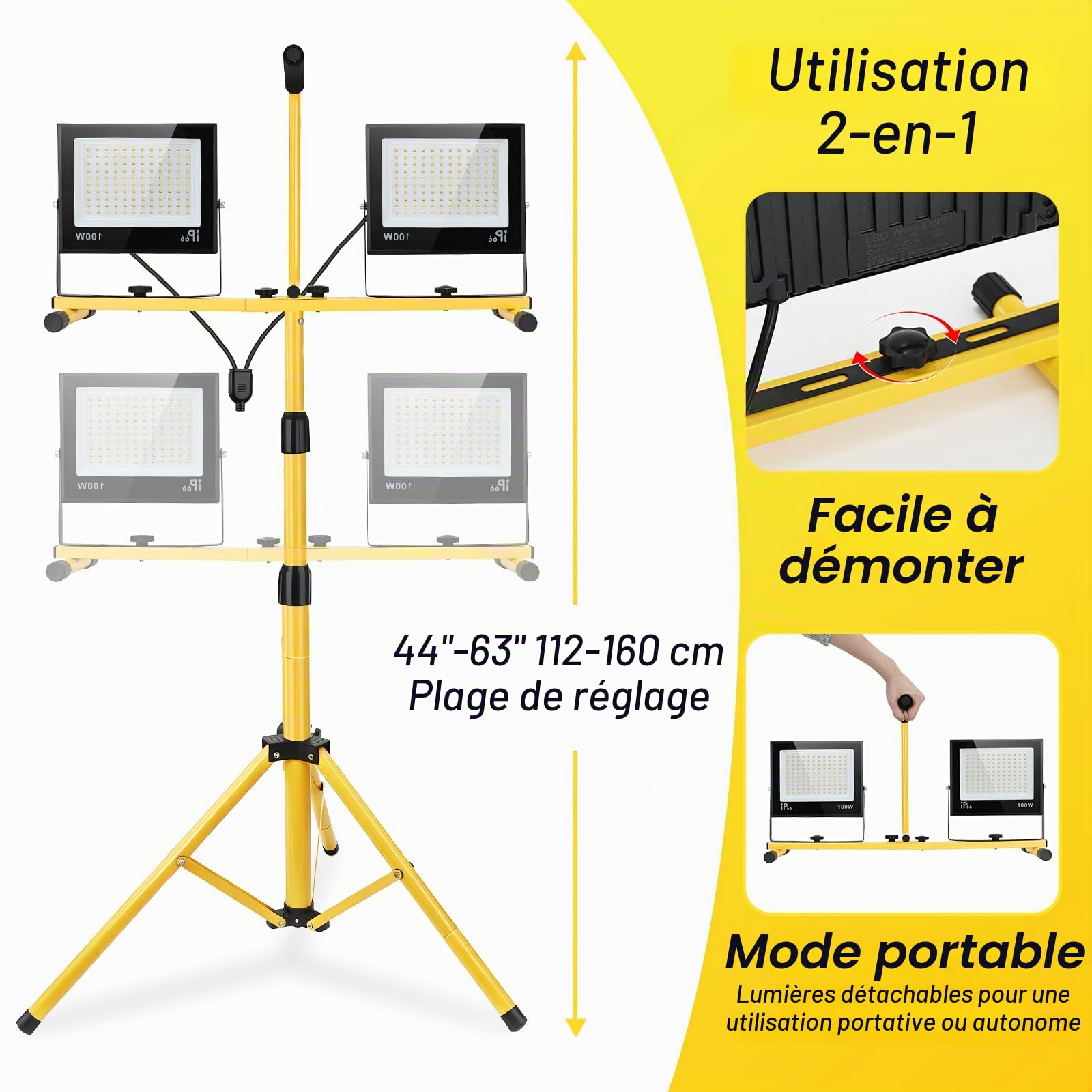 Projecteur de Chantier LED sur Trépieds, 200W 15000LM Lampe Chantier, Pivotante à 360° | Étanche IP66 | Câble 3M | Réglable en Hauteur de 65 à 160 cm pour Atelier, Chantier, Garage