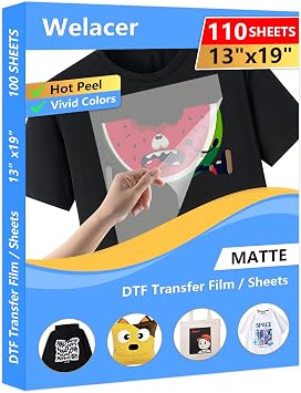 DTF Transfer Film 13"x19" 110 Double-Sided Thick Matte Pretreat Sheets | Hot&Cold Peel,PET Heat Transfer Paper for DTF Inkjet Printers Direct Print on T-Shirts and All Color Fabrics, Wash Durable