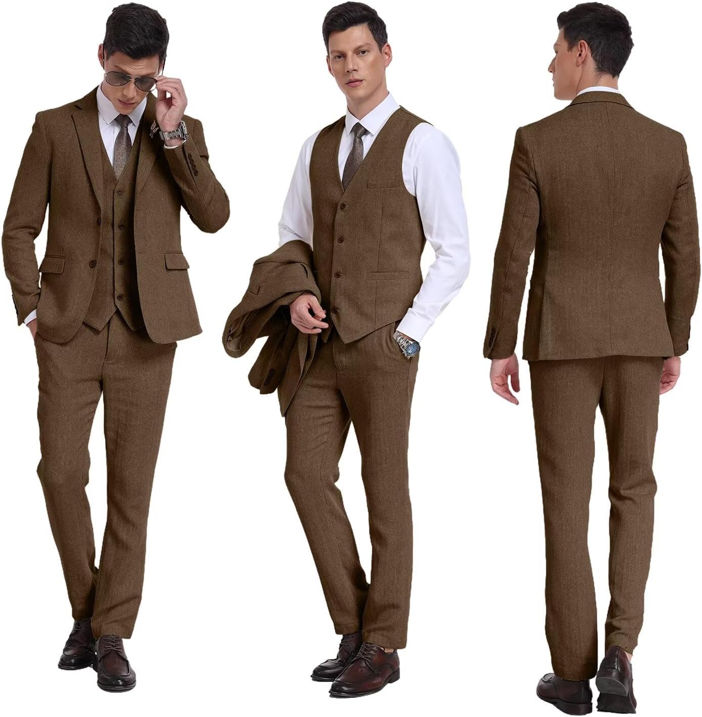 Retro 3 Piece Suit Tweed Herringbone Men's Suits Slim Fit Groom Tuxedos Set Prom Brown Grey Jacket Blazer Vest Pants - Image 2