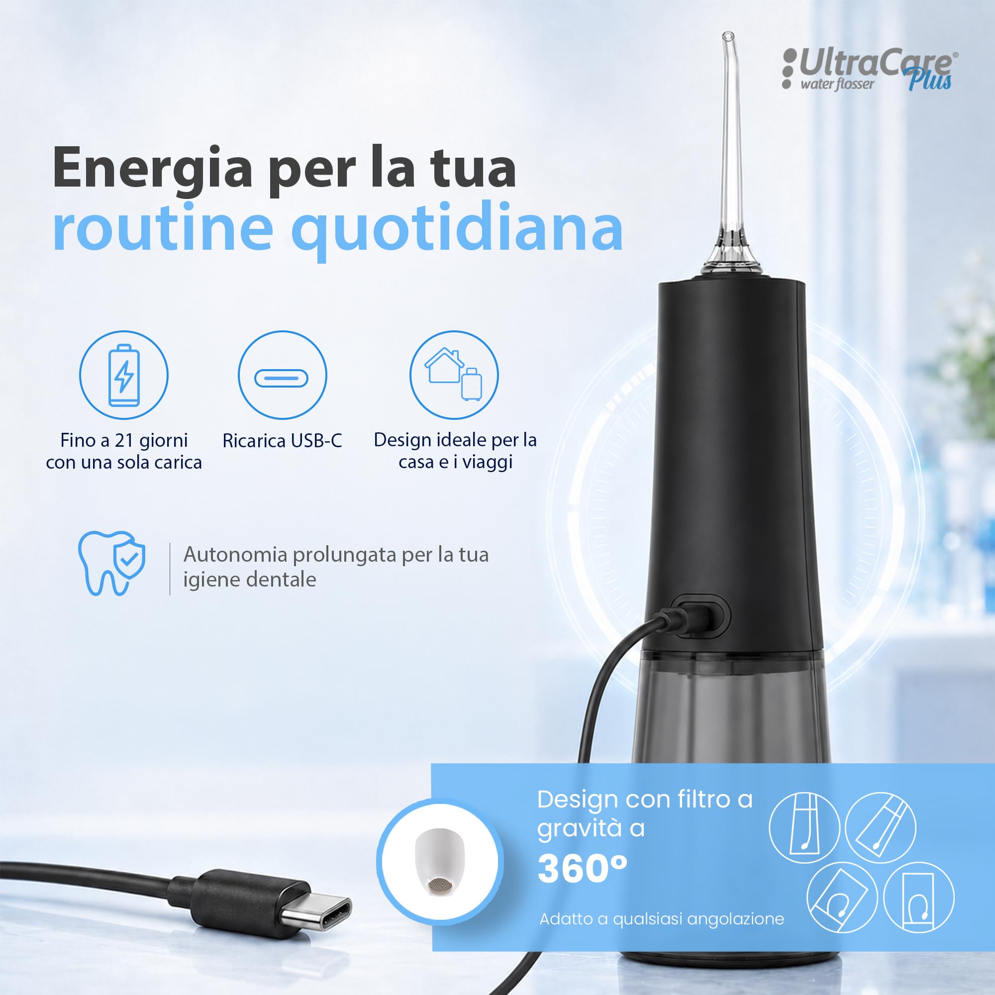Aquapik UltraCare Plus Idropulsore Dentale 300 ml 5 Modalità 8 Ugelli USB-C
