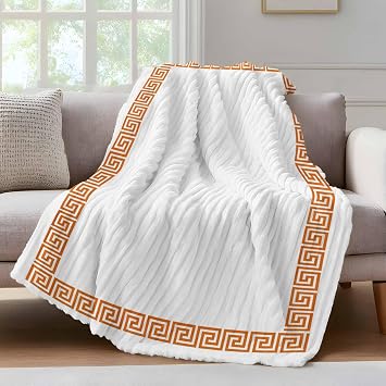 Fleece Throw Blanket for Couch, Orange Geometric Microfiber Flannel Blanket for All Season, Modern Key Greek Design Abstract Art Lightweight Soft Throw Blankets for Bedroom, Living Room, 60"x80"