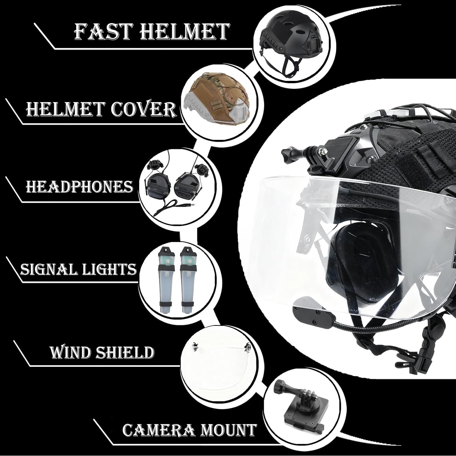 6-in-1 Military Fast Airsoft Helmet Set with Headset Signal Lights, Outdoor Paintball Bump Helmet Kit for Hunting CQB