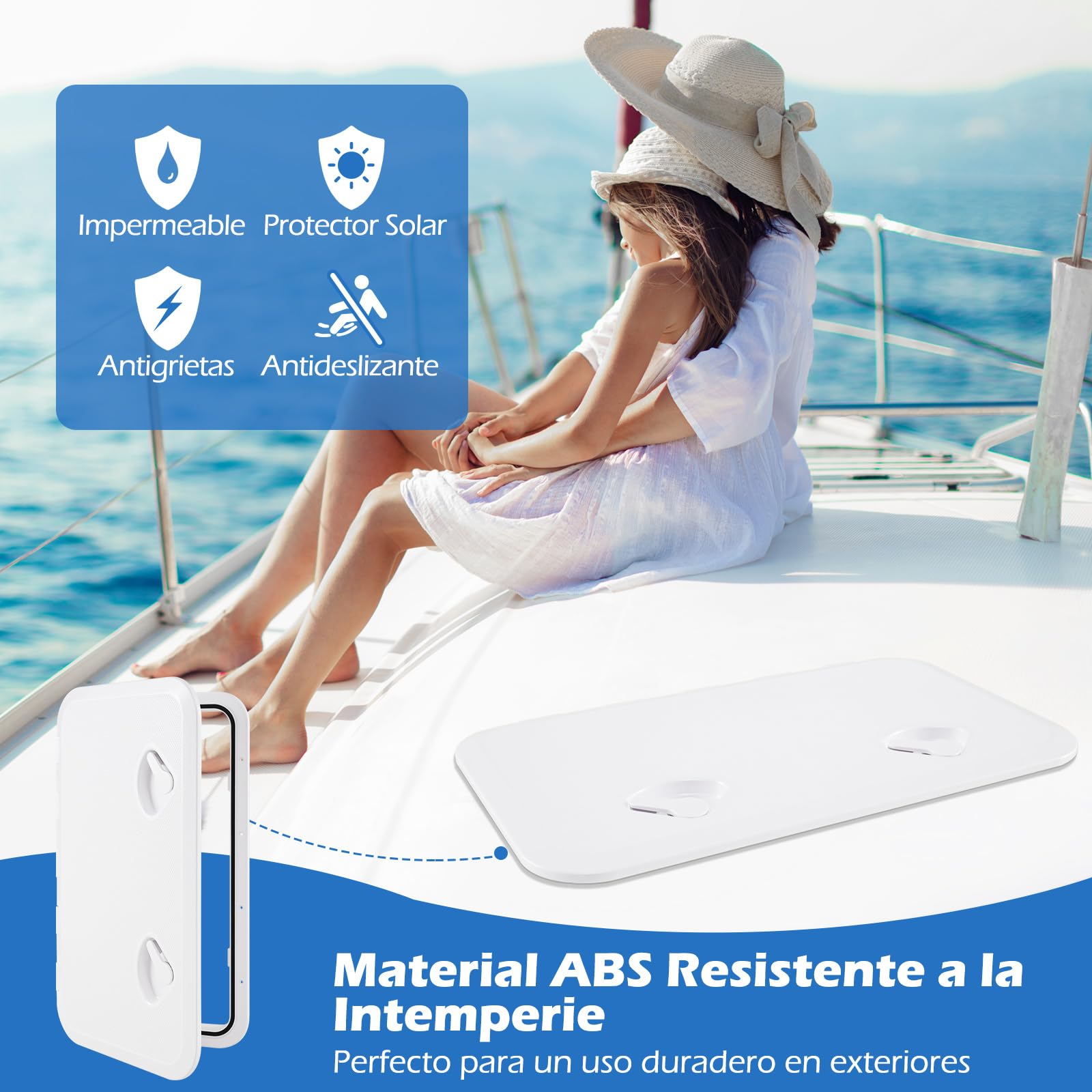 COSTWAY Escotilla de Barco 60,5 x 35,5 cm, Escotilla de Acceso a la Cubierta Marina con Bisagra de Tapa de Apertura de 180° y Superficie Antideslizante, Tapa Rectangular para Barco, Yate, RV
