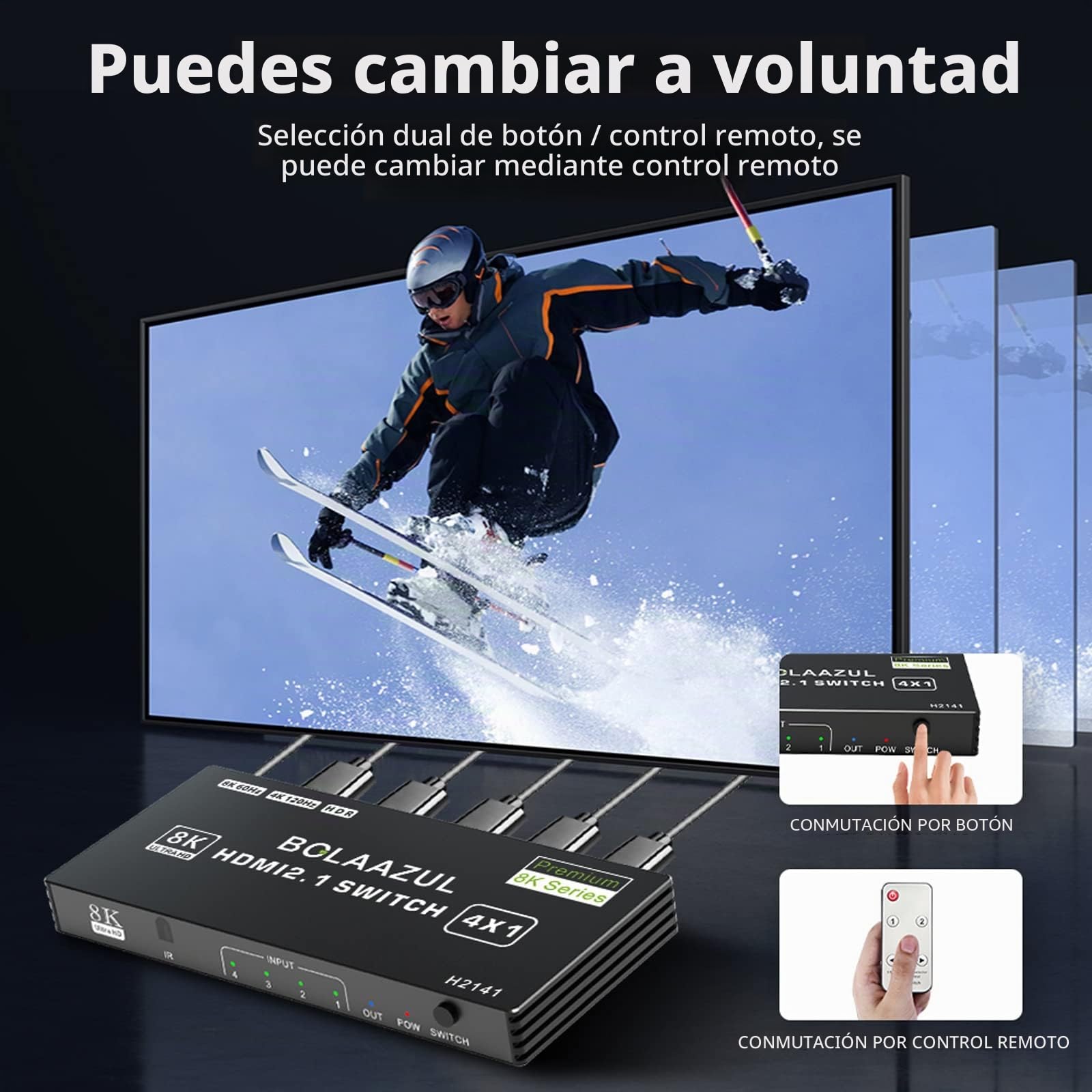 BolAAzuL Conmutador HDMI 2.1 8K 60Hz/4K 120Hz 4 en 1 Salida, Caja Selectora de 4 Puertos Con Control Remoto, HDR, 48Gbps, CEC, Dolby Vision, Para Xbox, Series