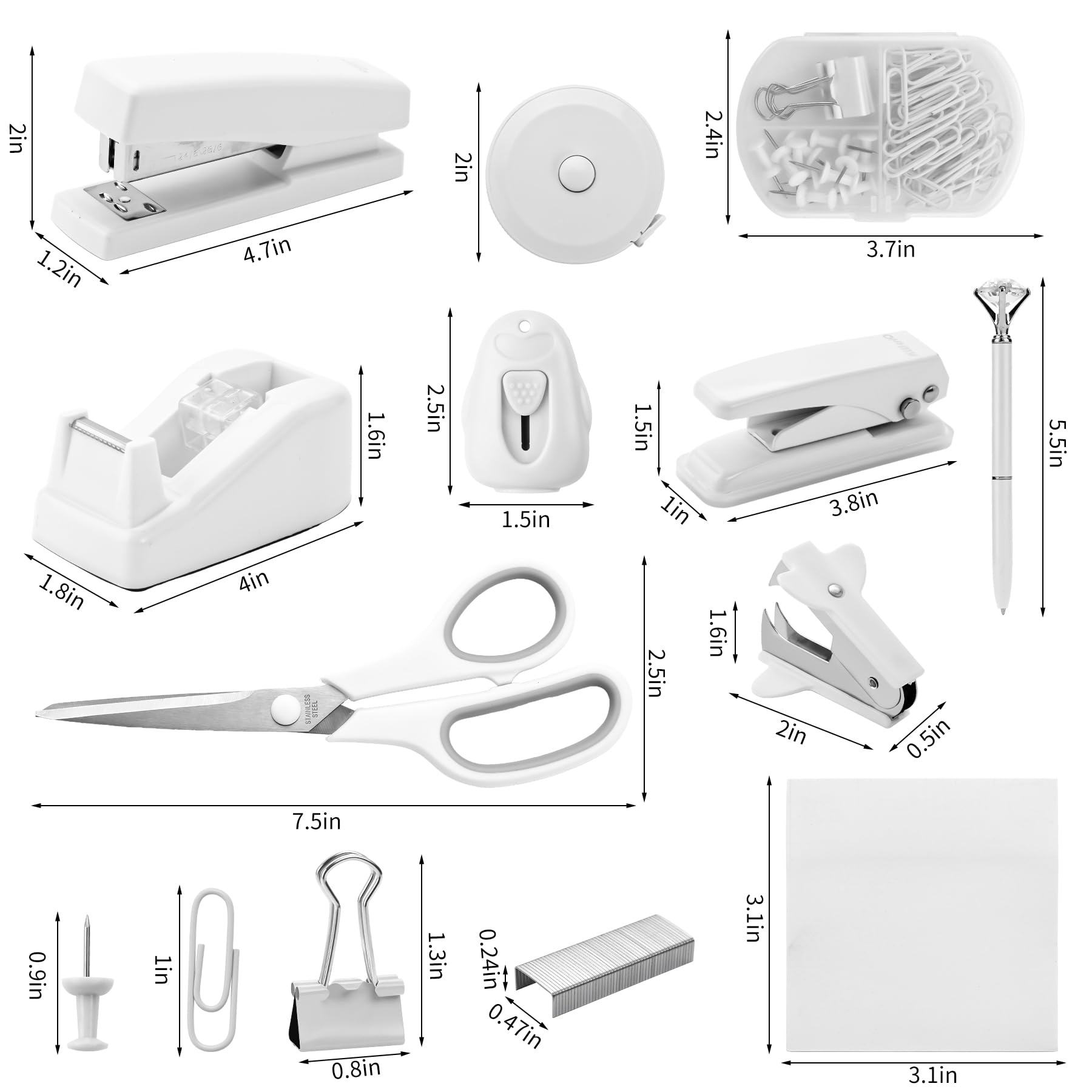 Weißes Schreibtisch-Zubehör-Set, niedliches Bürobedarf-Set, Schreibtisch-Heftgerät-Set enthält Heftklammerentferner, Locher, Klebebandabroller, Kugelschreiber, Schere, Mini-Boxschneider, Maßband,