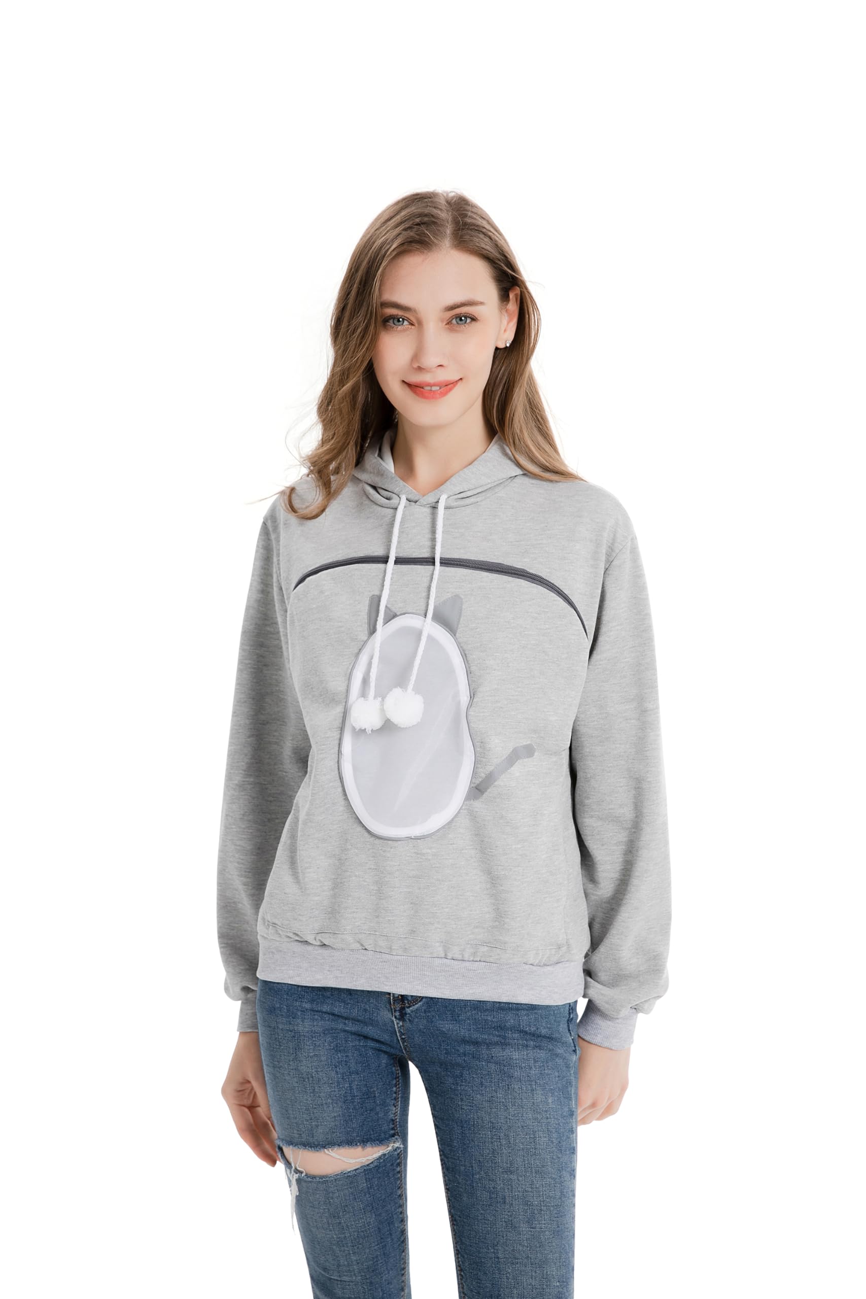ALYC Pet Carrier Hoodie Cat Dog Pouch Holder Sweatshirt Large Pocket Pullover Shirt with Cat Ear for Women, Grey, S