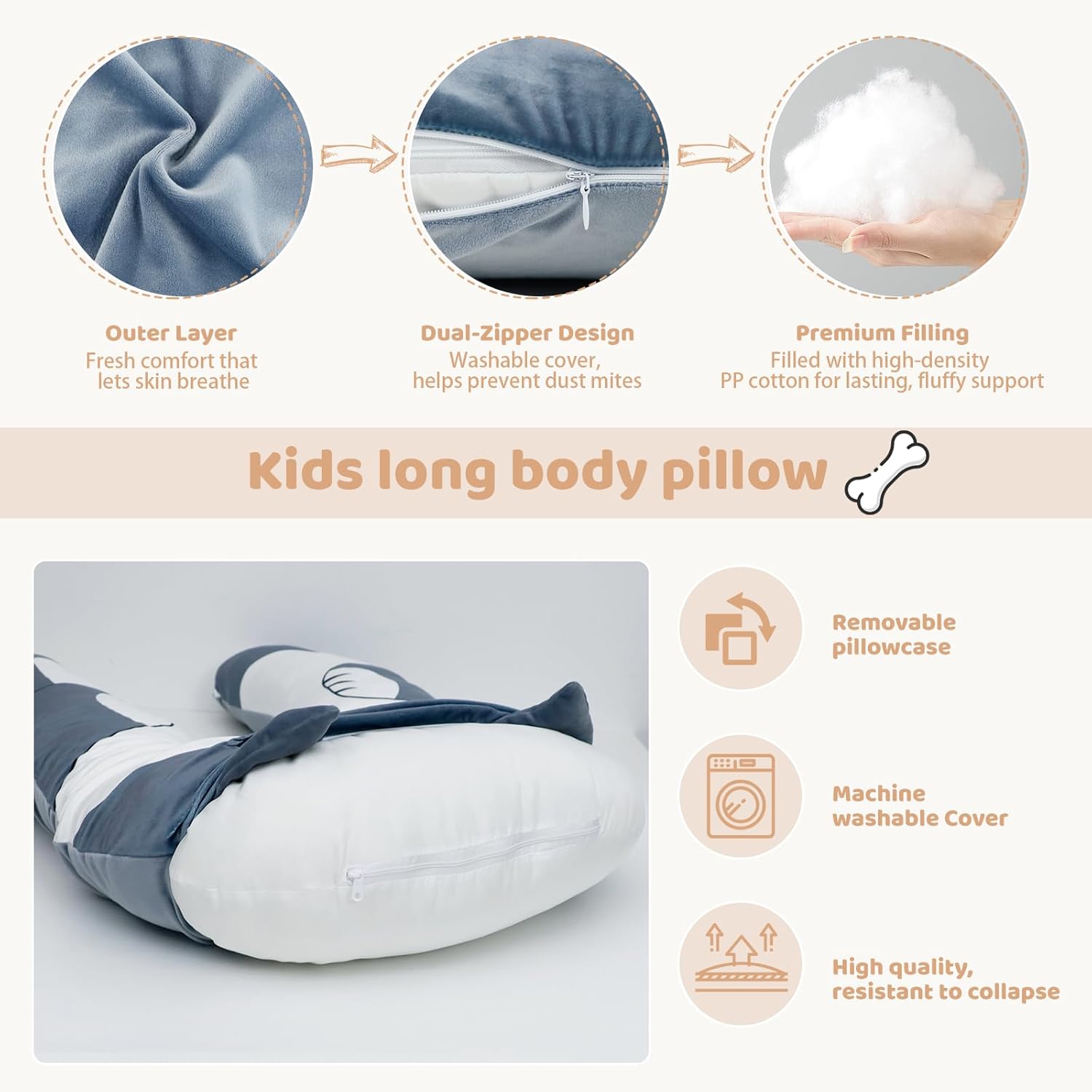 IFOYO Dog U Shaped Kids Body Pillow, 43" Minky Kids Full Body Pillow for Sleeping, Reading, ADHD & Sensory Relief, Kid Animal Cuddle Pillows Washable Cover, Snuggle Fun Hug Gift for Boys & Girls