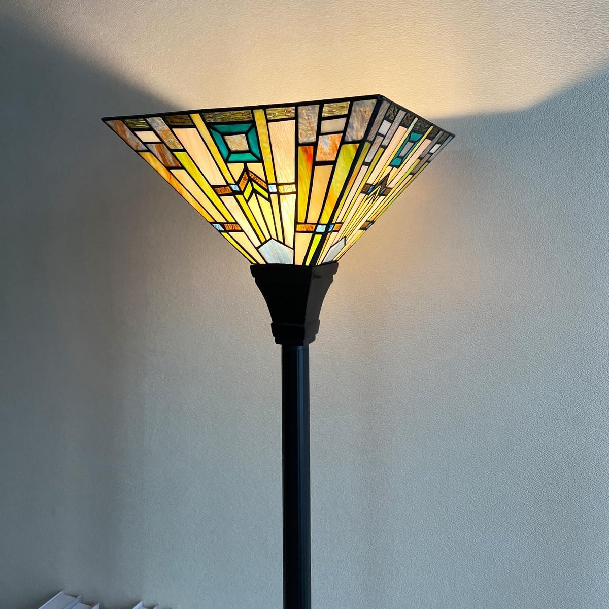 70" Tiffany Torchiere Floor Lamp - Antique Mission-Style Stained Glass Corner Standing Light for Living Room, Bedroom & Home Office