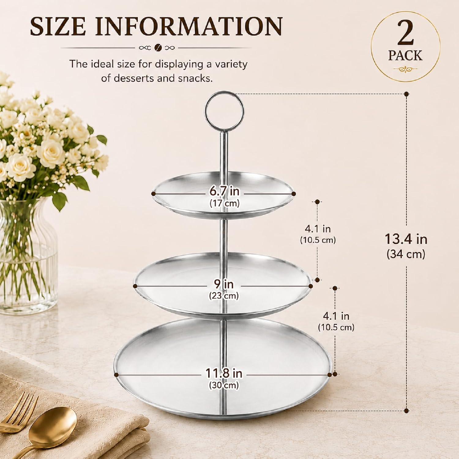 ABuff 3 Tiered Silver Cupcake Stand 2 Pack Stainless Steel Silver Tiered Dessert Stand Cupcake Display Tower 3 Tier Serving Tray Cake Stand for Baby Shower Birthday Party Wedding