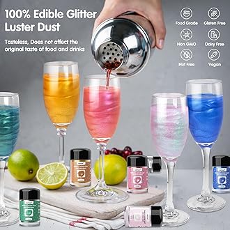 VANREO 6 Colors Luster Dust Edible Set, Edible Glitter for Cocktails, Food Grade Glitter Shimmer Sprinkle Powder for Drinks, Baking, Beverages, Cakes, Strawberries, Cookies, Fondant, Vegan(5g/Bottle)