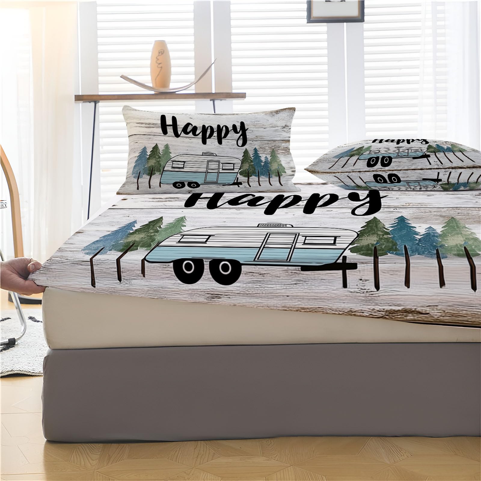 Bajera Ajustable Cama 200, Microfibra Poliéster Suave, Árboles para Caravanas Sábana Encimera Estampada Vintage, Bajera para Colchón 30cm, Fundas Almohada 50x75cm, Blanquecino