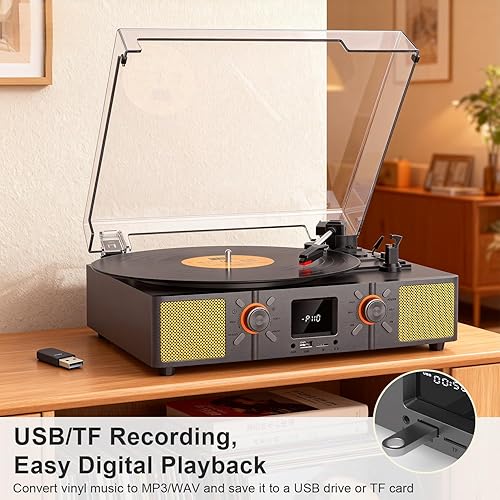 Miniatura 7 de Reproductor de discos de vinilo, tocadiscos Bluetooth de 3 velocidades con altavoces integrados, reproducción de LP accionada por correa, radio FM y