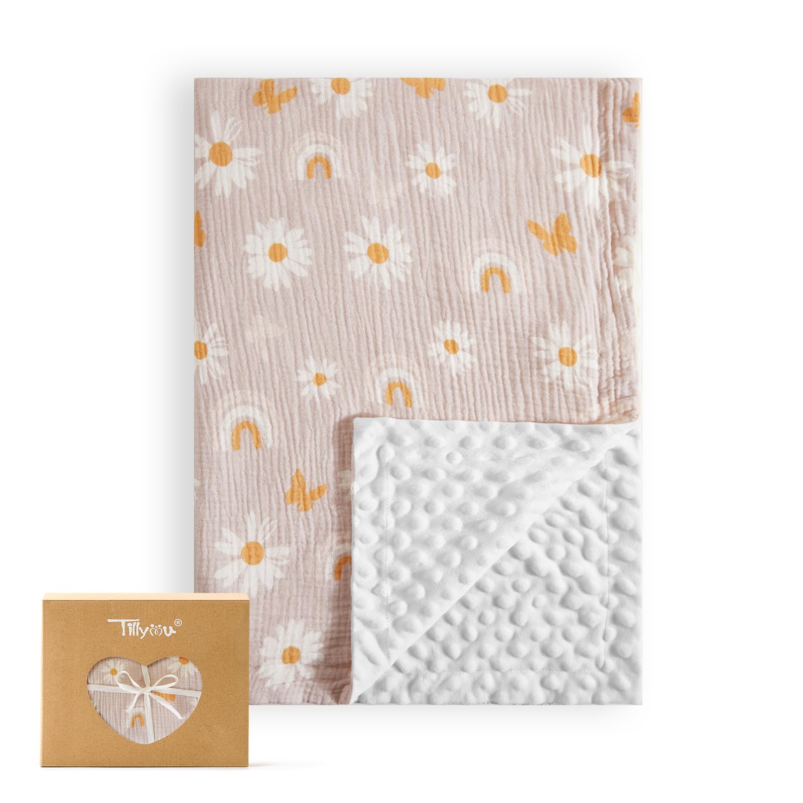 TILLYOU Coperta per bambini in cotone, 75 x 100 cm, double face, in mussola, per neonati, motivo: farfalla rosa