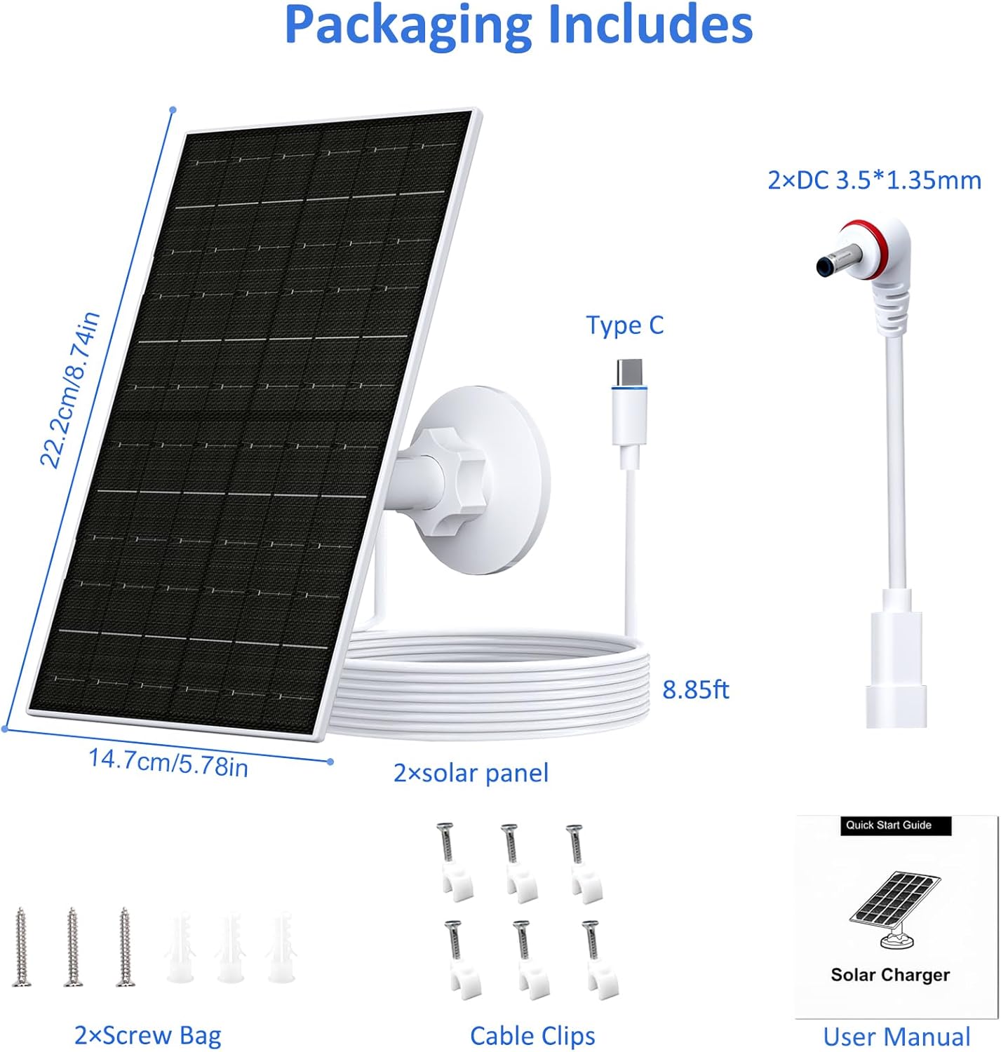 FUTUREZEN 6W Solar Panel for Ring Camera, DC 3.5×1.35mm & USB-C Solar Charger Compatible with Ring Stick Up & Spotlight Cam Battery Series, IP66 Waterproof, 360° Adjustable Mount, 8.8ft Cable, 2 Pack