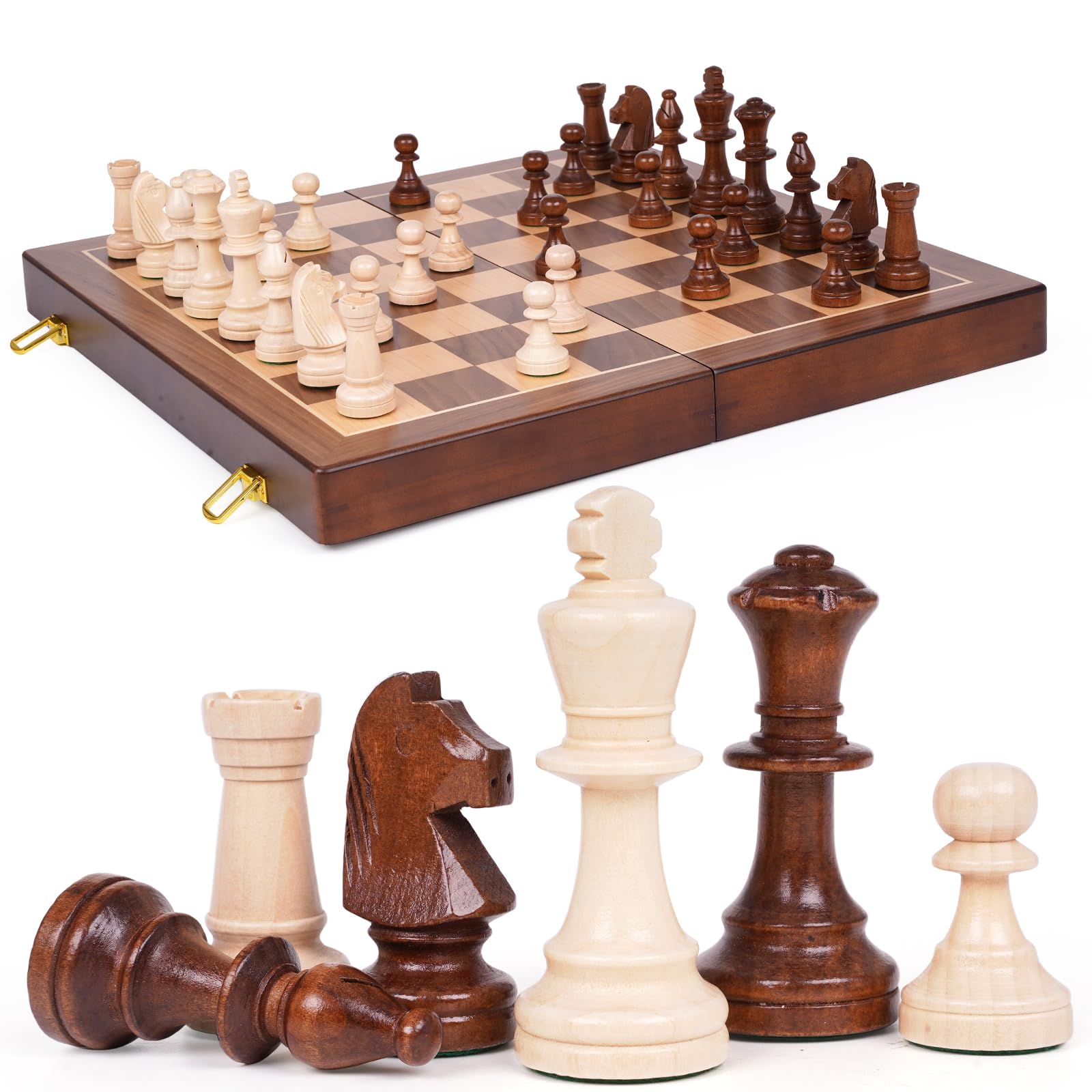 Large 17-Inch Wooden Chess Set – Folding Chess Board with Solid Wood Pieces, Oversized 3.5” King, Two Extra Queens, Premium Gift Chess Set for Adults Classic Strategy Game
