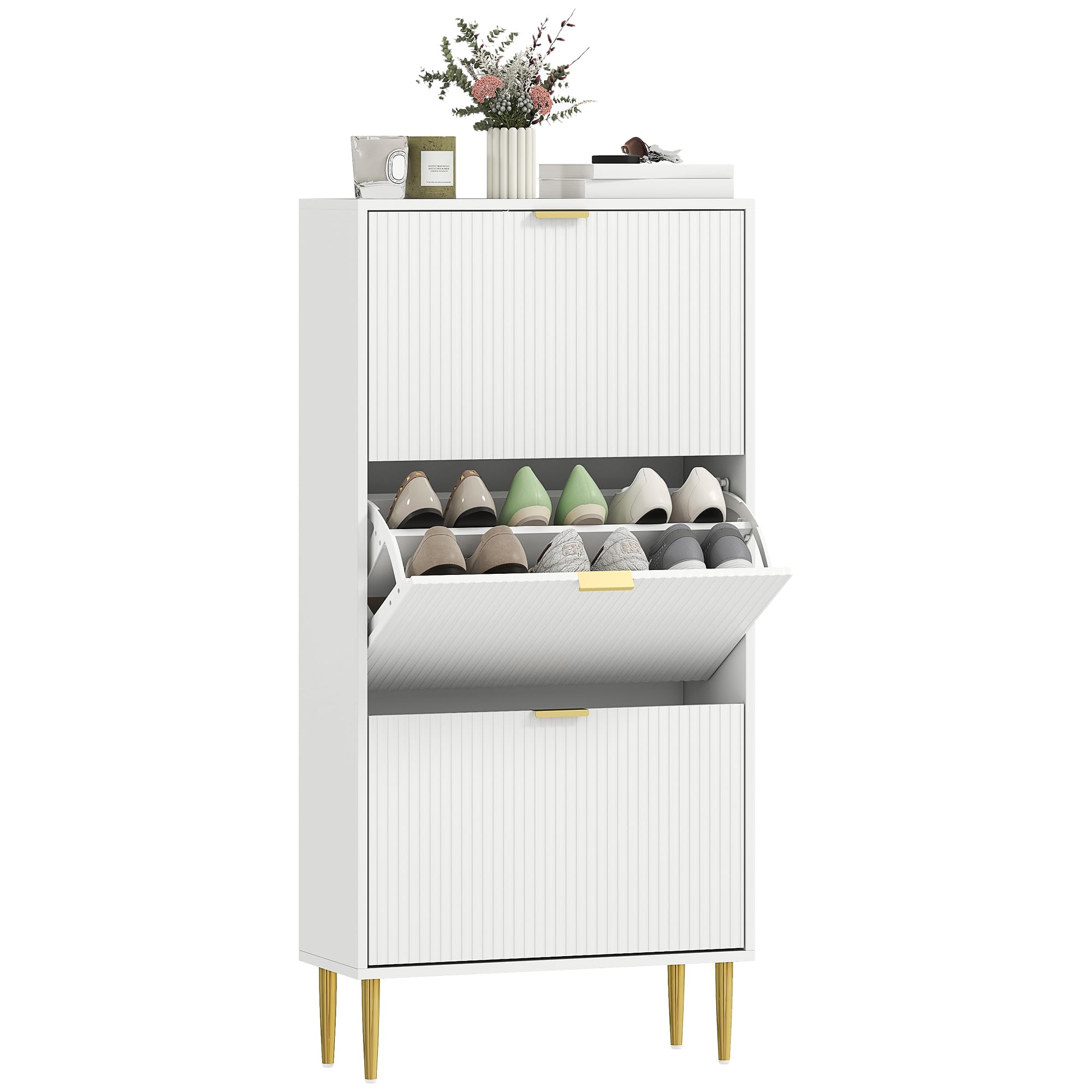 HOMCOM Narrow Shoe Cabinet with 3 Flip Drawers, Modern Slim Shoe Storage Cabinet with Fluted Doors and Adjustable Shelves for Hallway, Holds 9-18 Pairs, White โ image 1