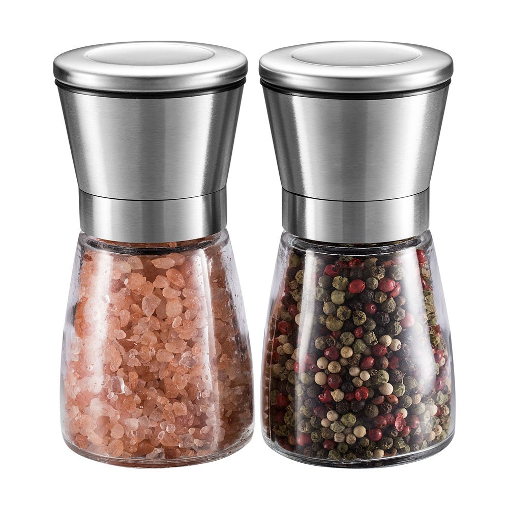 Salt and Pepper Grinder Set – Premium Stainless Steel Salt & Pepper Mill with Glass Body and Adjustable Coarseness, Brushed Stainless Steel Salt and Pepper Shakers