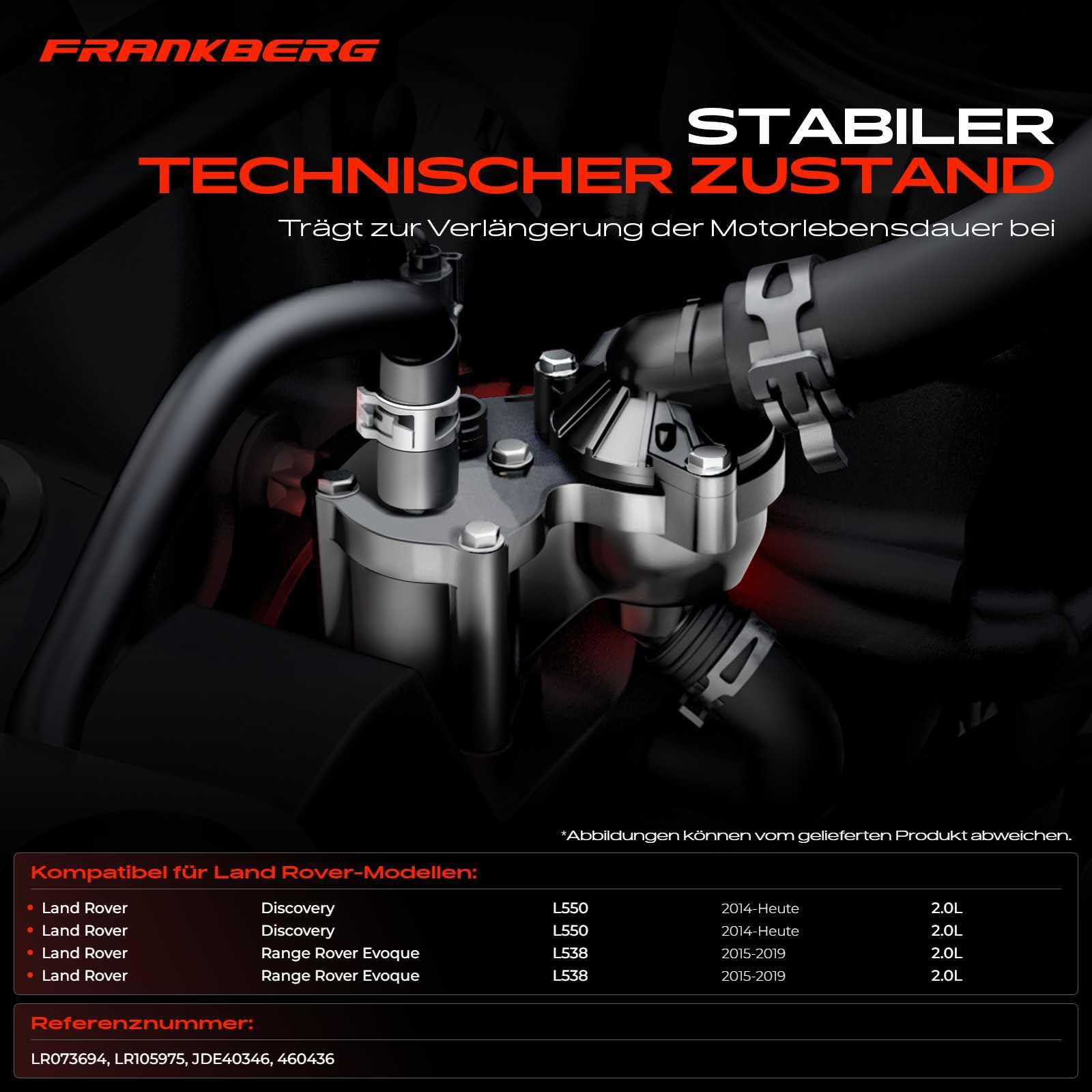 Frankberg Termostato del liquido di raffreddamento 460436 LR105975 | Compatibile con: Discovery Sport L550, Discovery Sport Van L550, R.a.n.g.e R.o.v.e.r Evoque Cabriolet L538