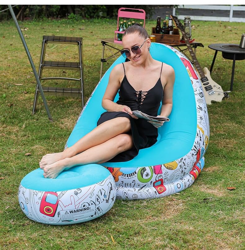 Image of Primechoice Pu, Plastic Inflatable Lounge Chair with Footrest 2-in-1 Air Sofa for Adults, Folding Portable Lazy Recliner with Pump for Indoor Living Room, Office, Outdoor Camping (Graffiti Blue)