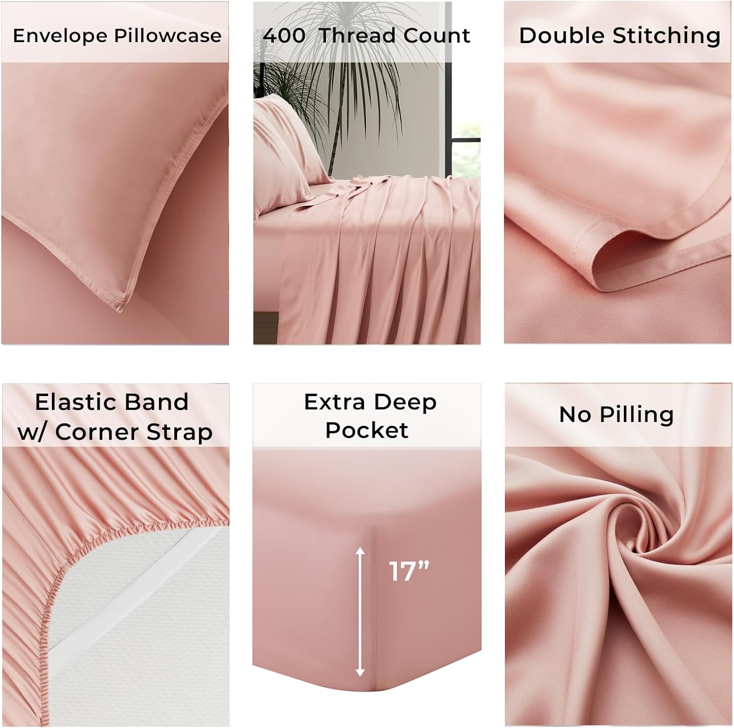 Luxury Bamboo Market | Queen Size Bed Sheet Set | 100% Viscose Made from Bamboo | Organically Grown | Ultra Soft | Cooling Sheets for Hot Sleepers | 17" Deep Pocket [Rose Quartz] - Image 5