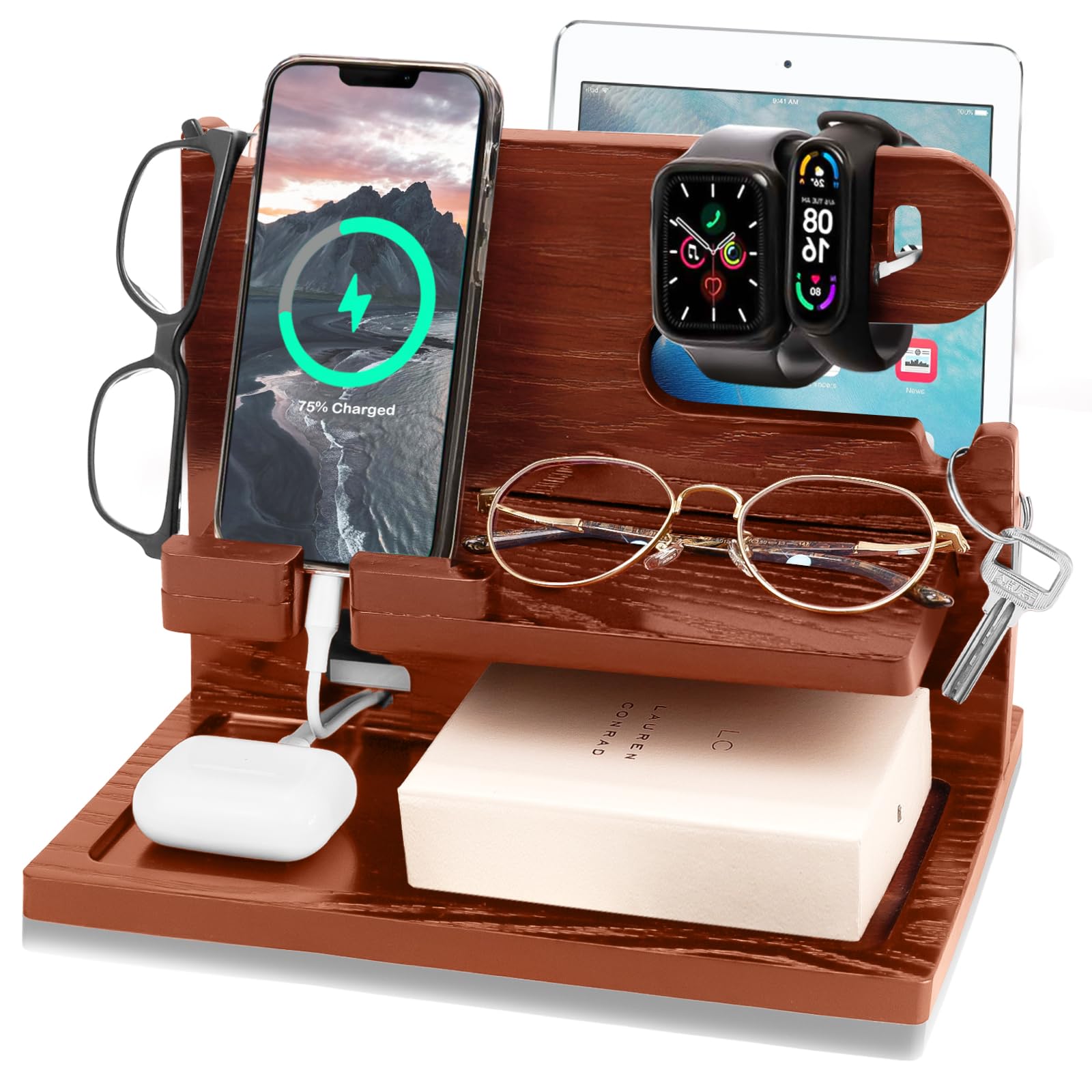 Mobile Phone Wooden Docking Station, Call phone Docking Station, Key Holder, Watch Organiser, Wooden Desktop Storage Station for Airpod, Gift for Dad, Teacher Husband, Birthday, Christmas (brown2)